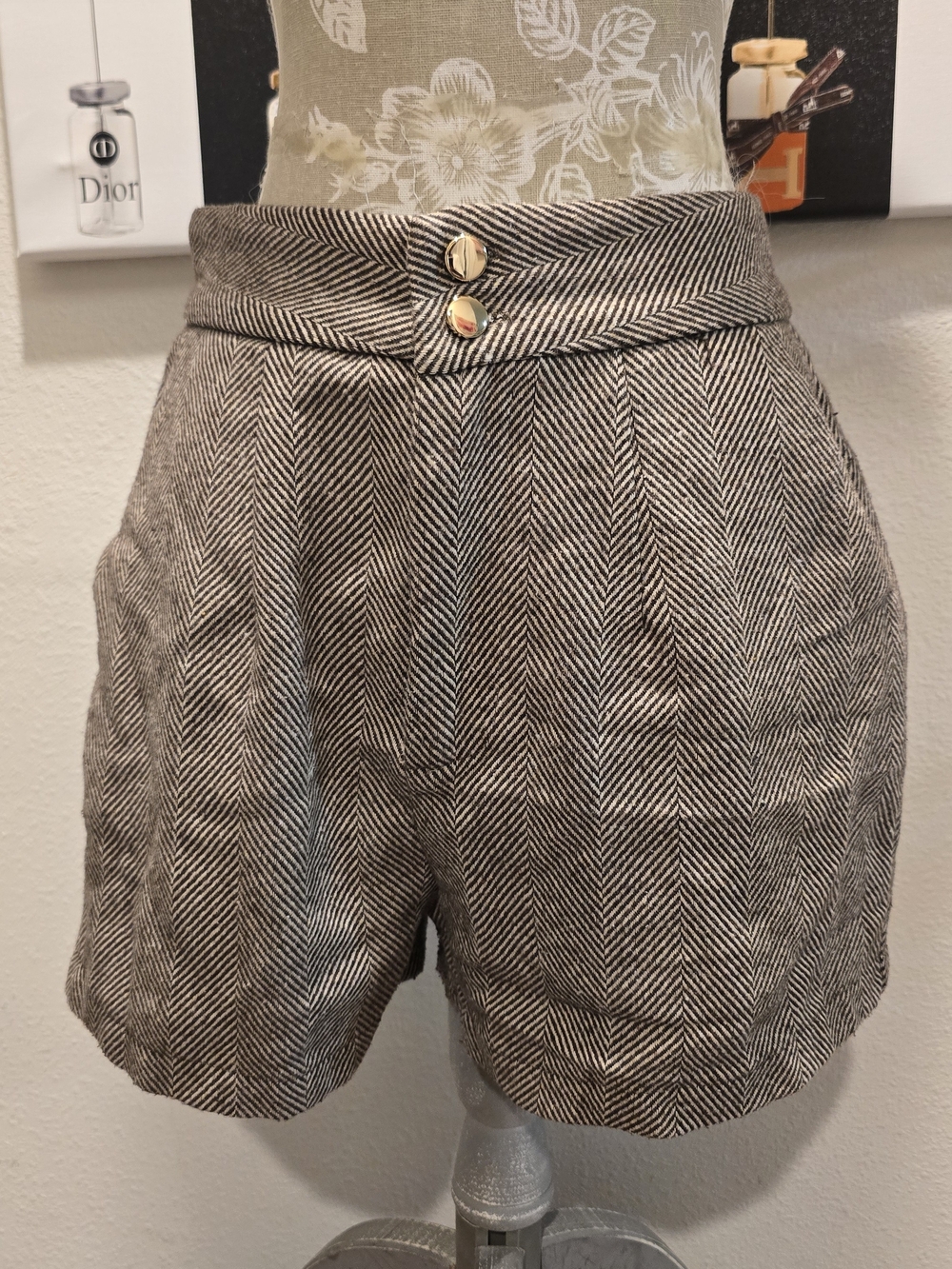 SHEIN Herringbone High-Waist Shorts with Gold Buttons